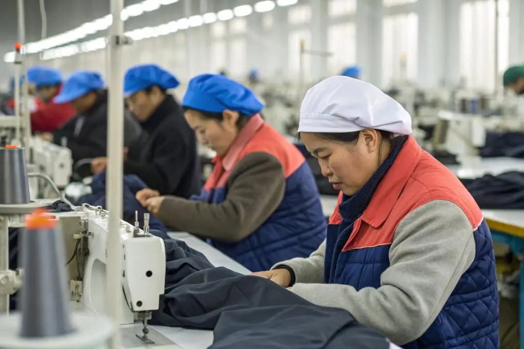 Clothing factory workers sewing garments