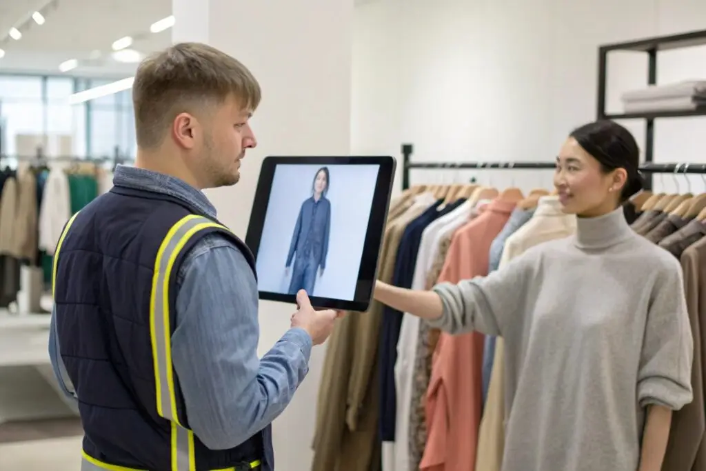 Staff assisting customer with digital display in clothing store