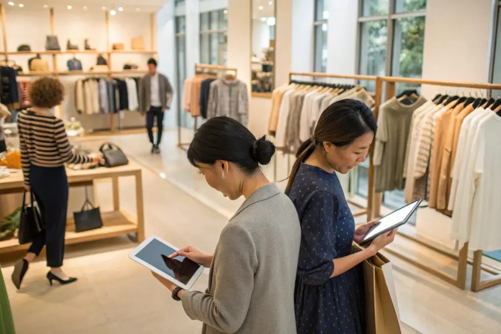 Shoppers using tablets in a clothing store