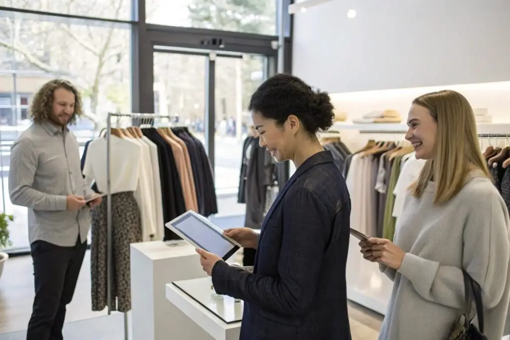 Customers using tablets and smartphones in a clothing store