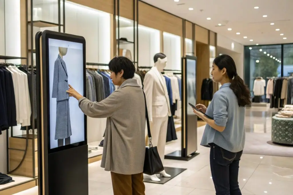 Shoppers interacting with digital display in a clothing store