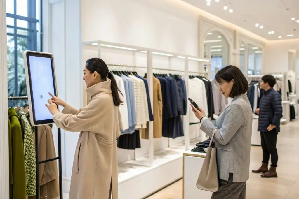 Customer interacting with digital display in a clothing store