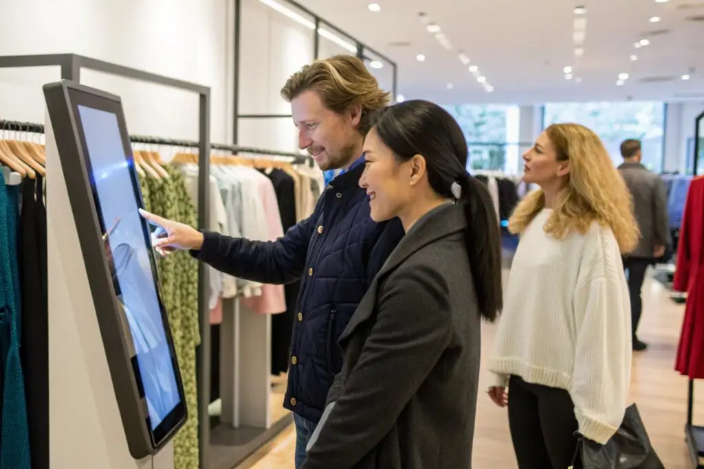 Customers interacting with digital display in clothing store