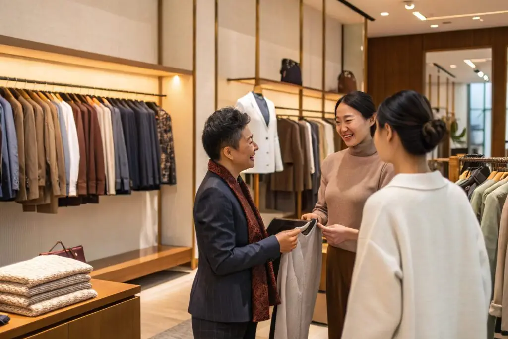 Staff assisting customers in a clothing store