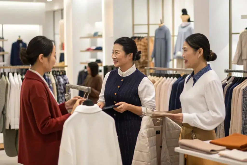 Store staff assisting customers in a clothing store
