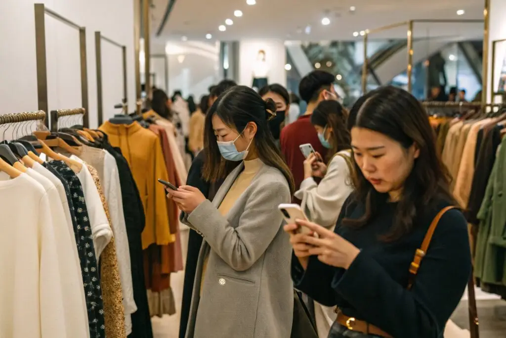 Shoppers browsing clothing in a store