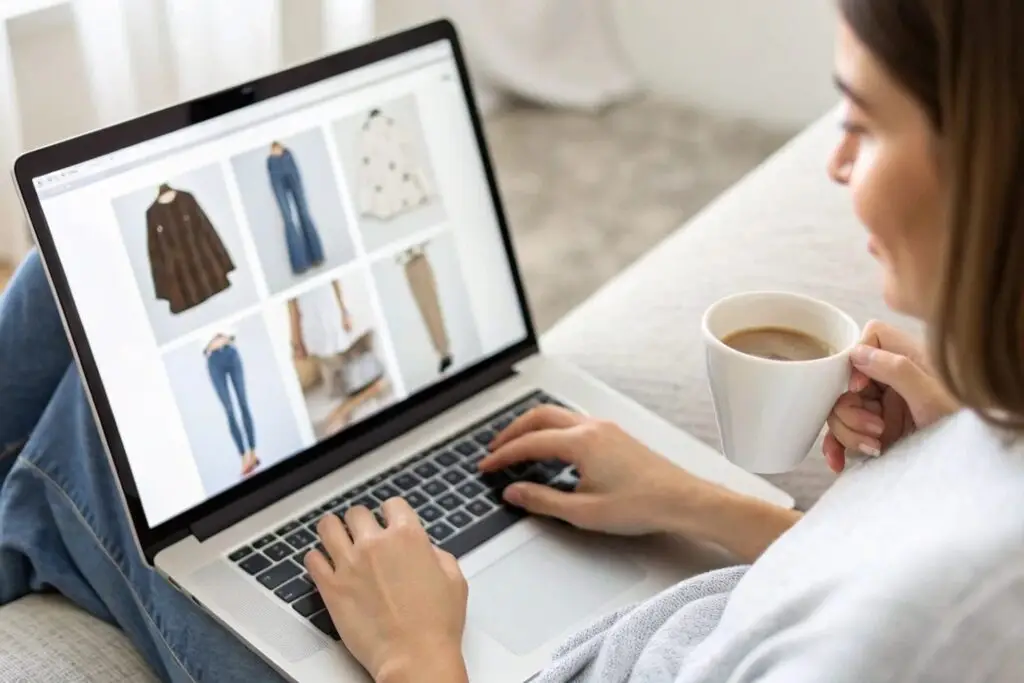 Customer shopping for clothes online with a cup of coffee