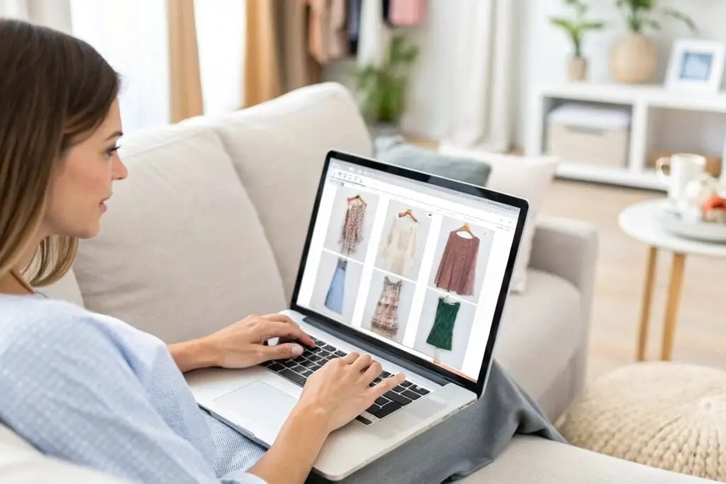 Customer shopping for garments online on a laptop