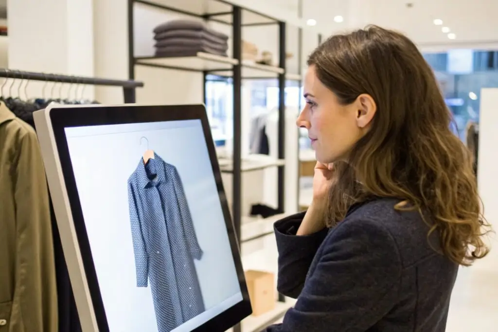 Customer examining a garment on a digital display