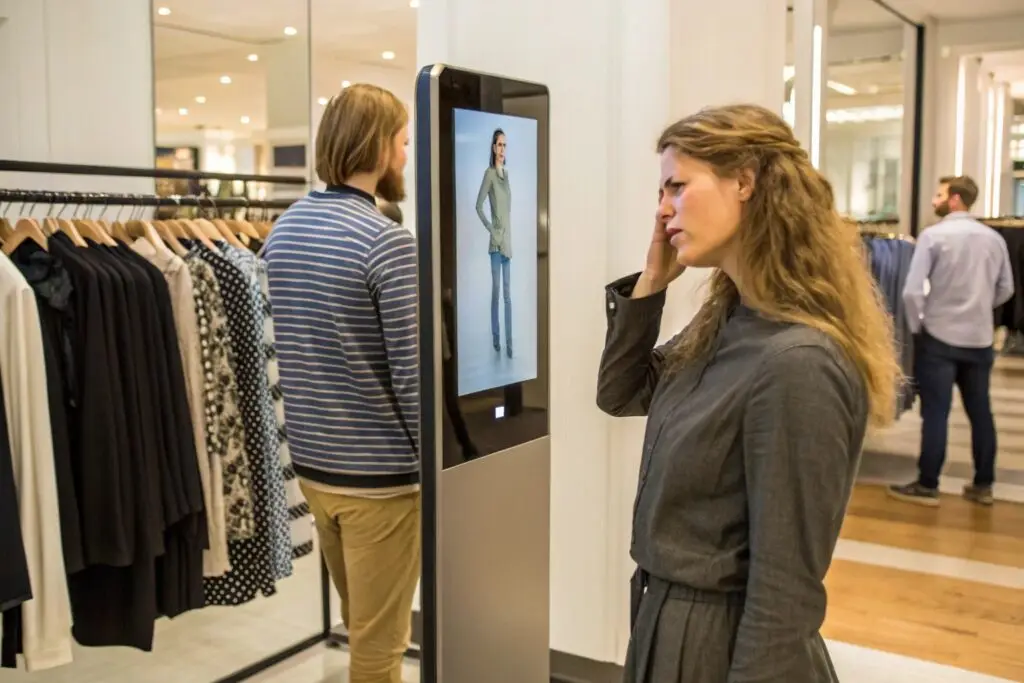 Customer interacting with digital display in clothing store