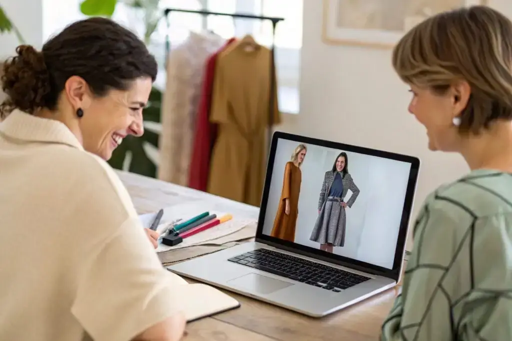 Customer reviewing fashion designs on laptop with designer