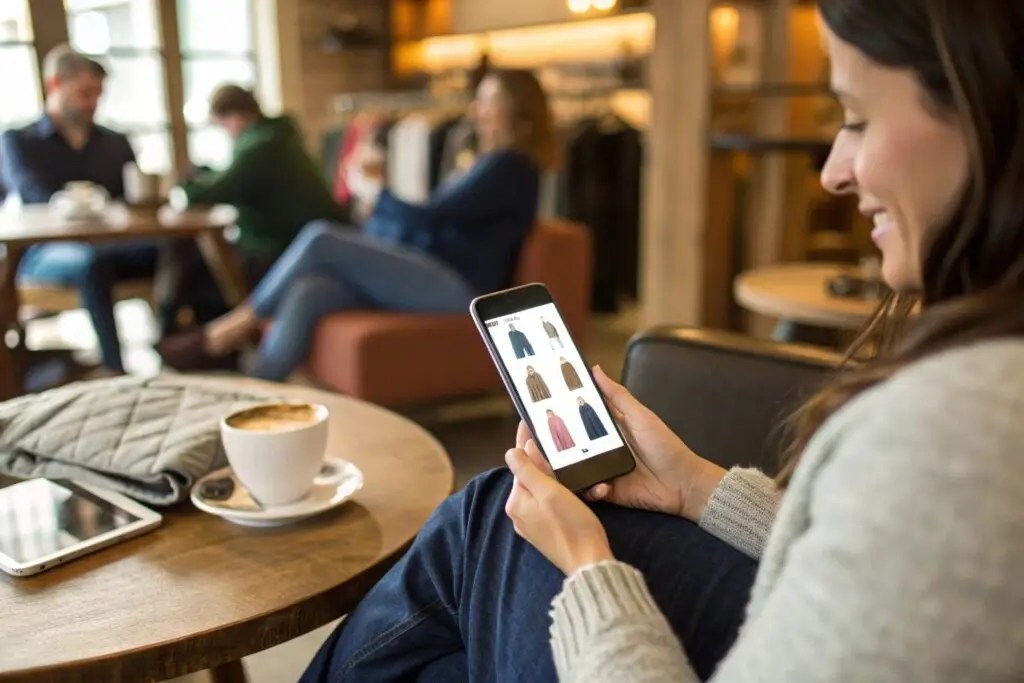 Customer shopping for clothes on phone in a café