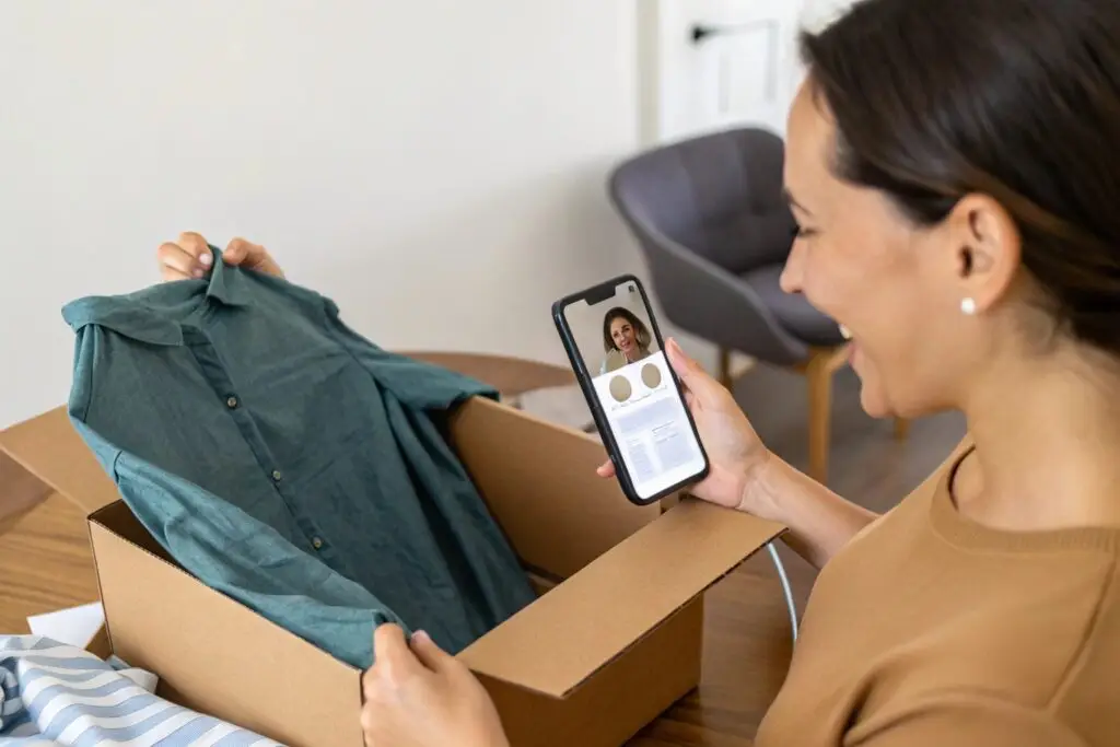 Customer unboxing a garment and using a mobile app