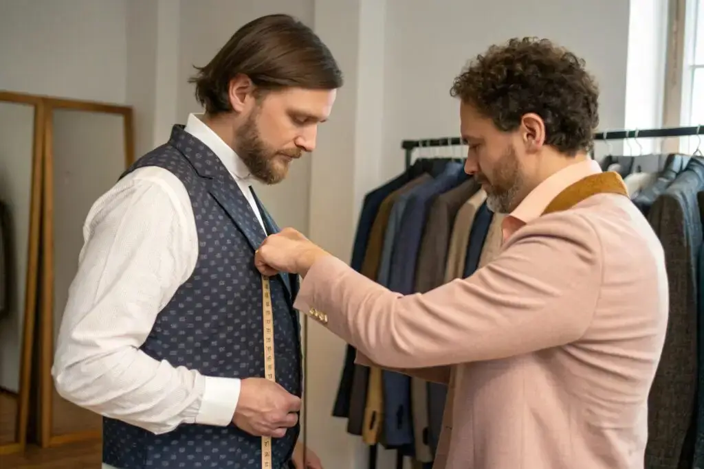 Customer trying on a custom-made garment in a tailoring studio