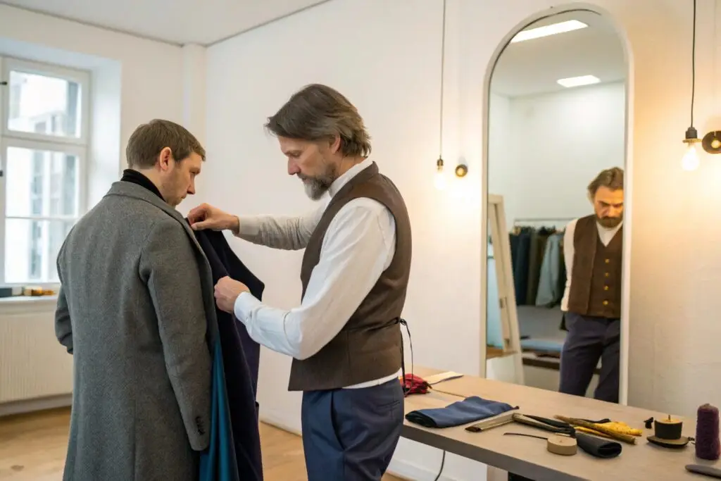 Customer trying on a tailor-made coat in a fitting room