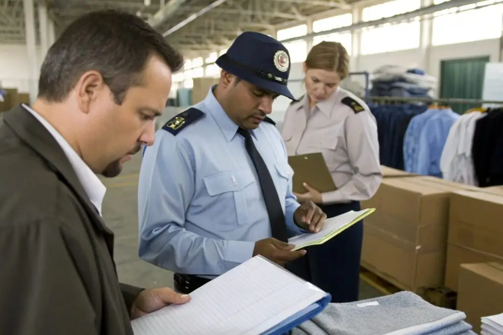 Customs officers inspecting goods in a warehouse for compliance with regulations