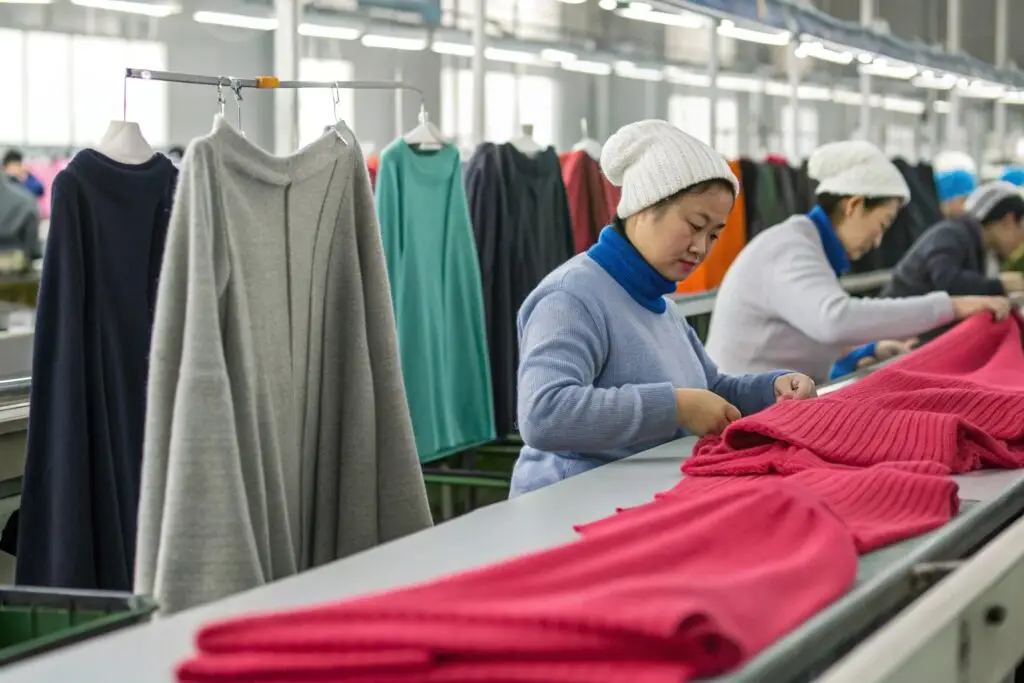 Workers in clothing factory folding garments