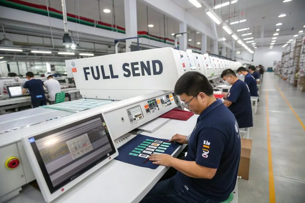 Workers processing fabrics in a high-tech clothing factory
