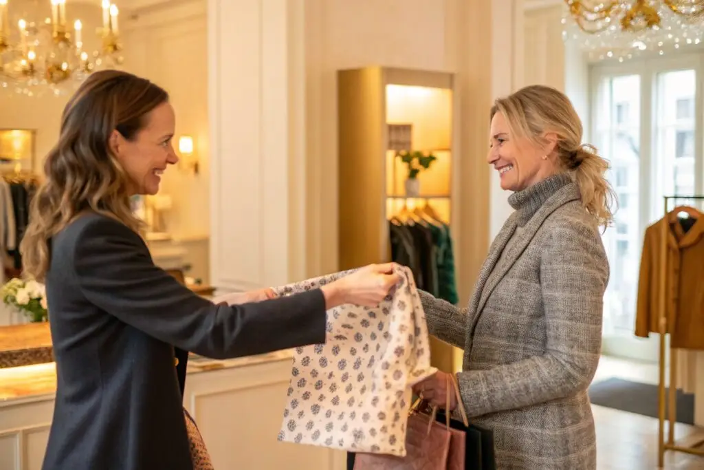 Fashion brand representative handing over a purchase to a happy customer