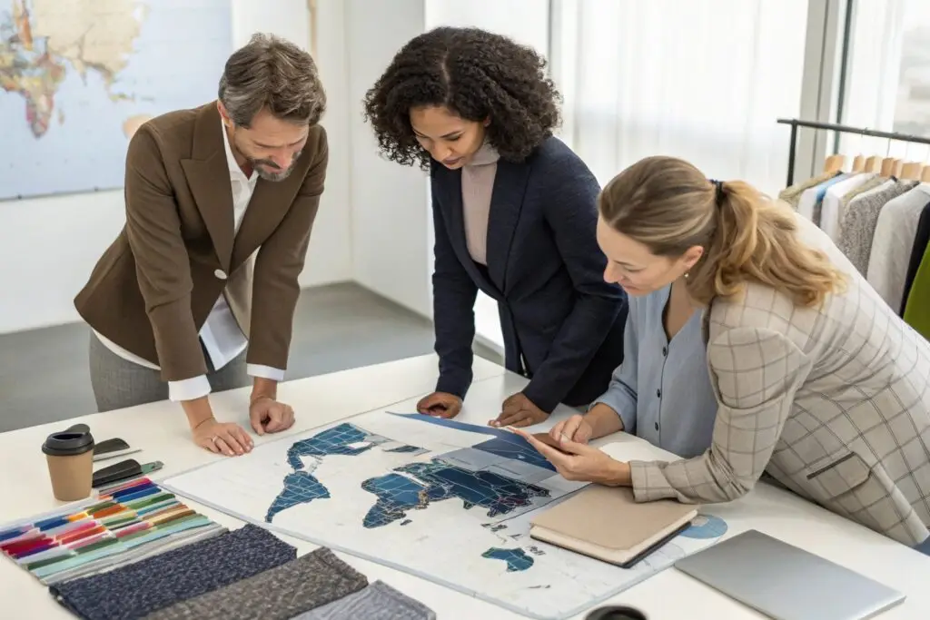 Fashion sourcing team analyzing a global supply chain map