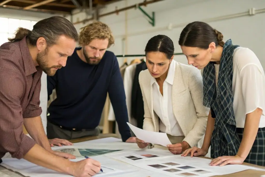 Fashion design team reviewing production plans and fabric samples