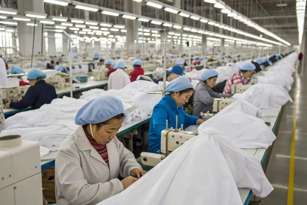 Workers sewing clothes in a large garment factory