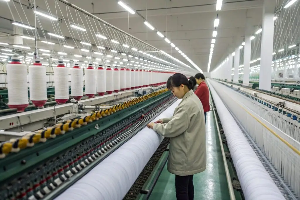 Workers managing the textile spinning process in a large factory