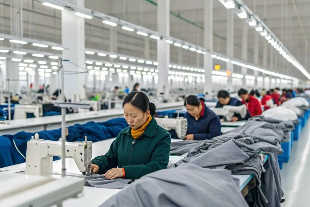 Workers sewing garments in a large-scale clothing factory