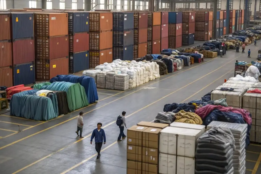 Large warehouse with stacked containers and fabric rolls in a distribution center