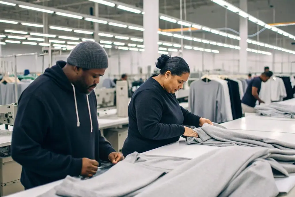 Los Angeles apparel factory workers folding clothing