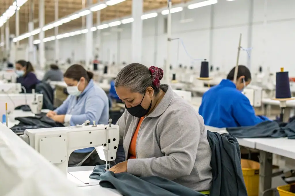 Workers sewing clothing in a Los Angeles apparel production facility
