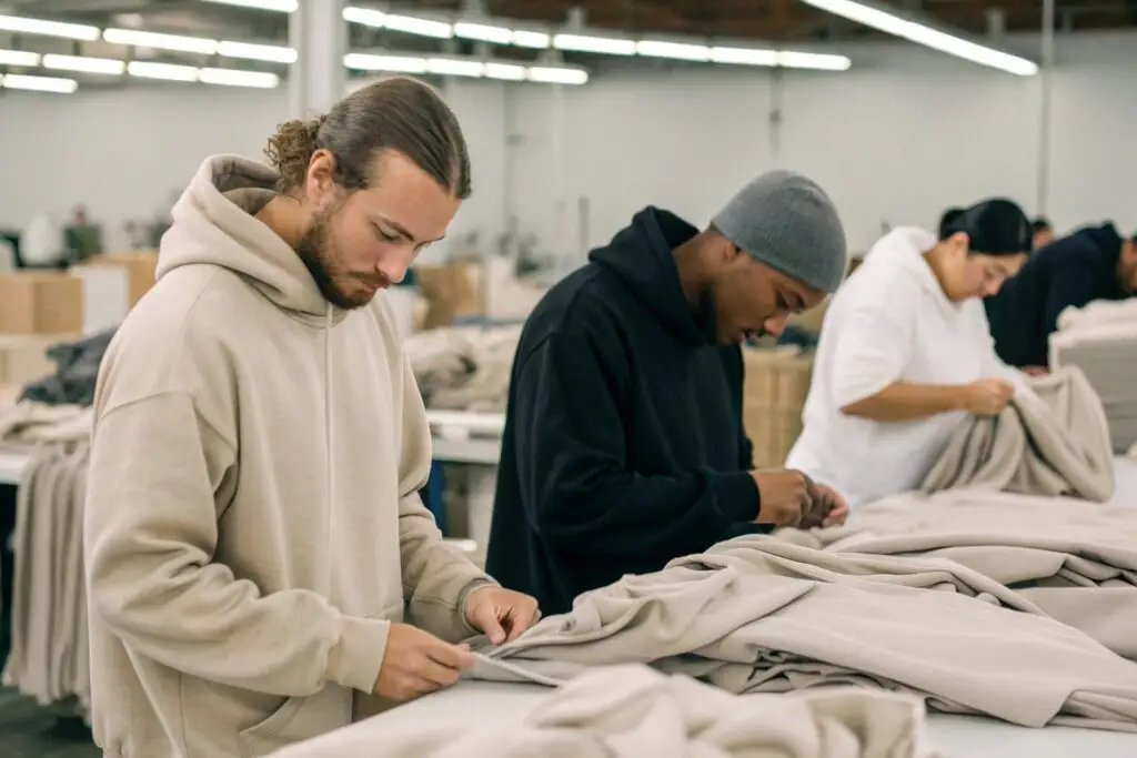 Workers assembling and folding garments in a Los Angeles garment factory
