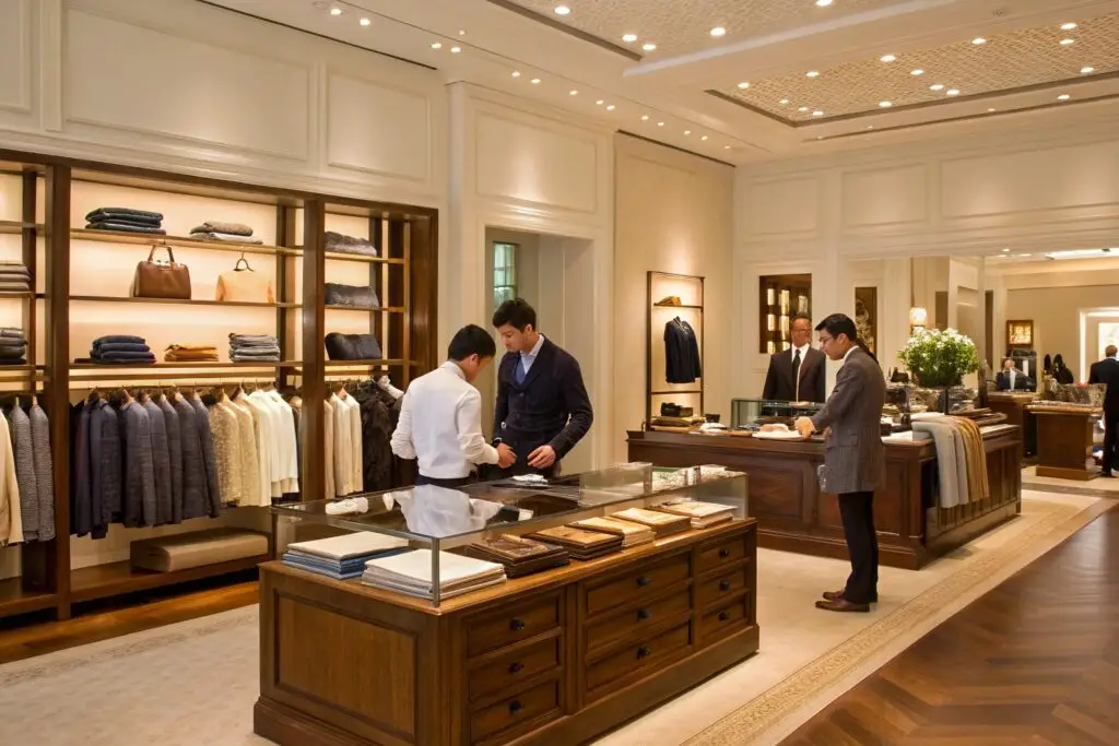Customers shopping in a luxury clothing store