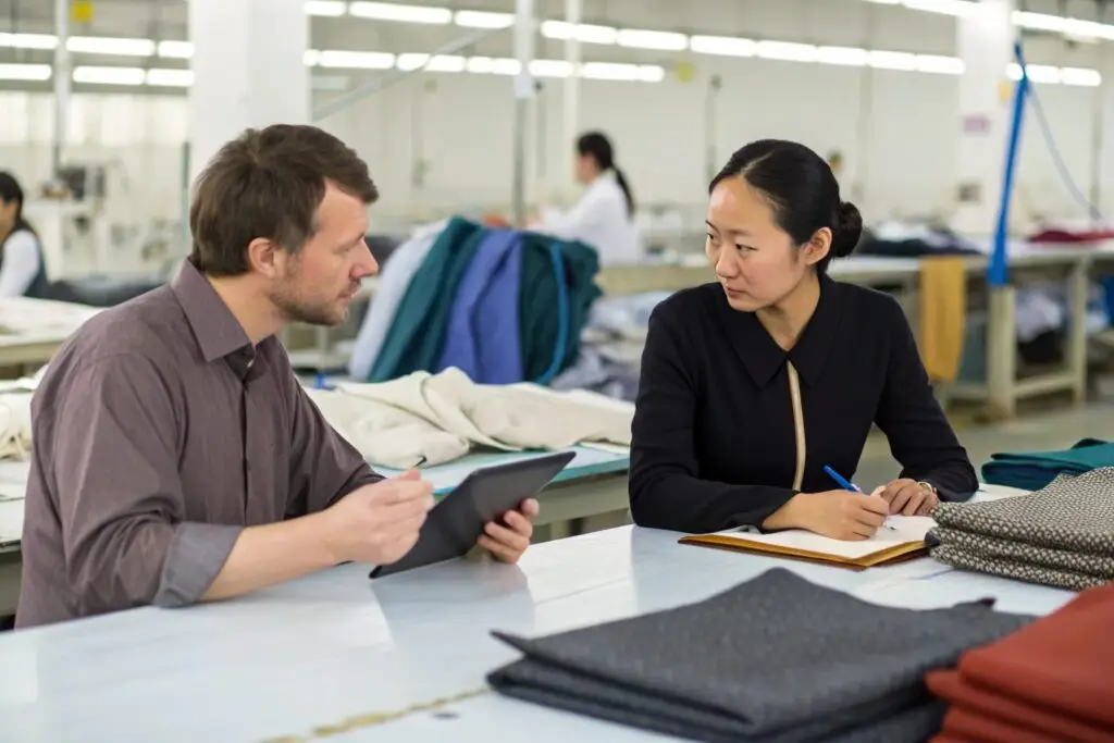 Meeting between a client and garment factory manager in China