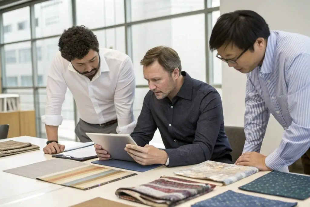 Team discussing fabric samples and designs in a meeting