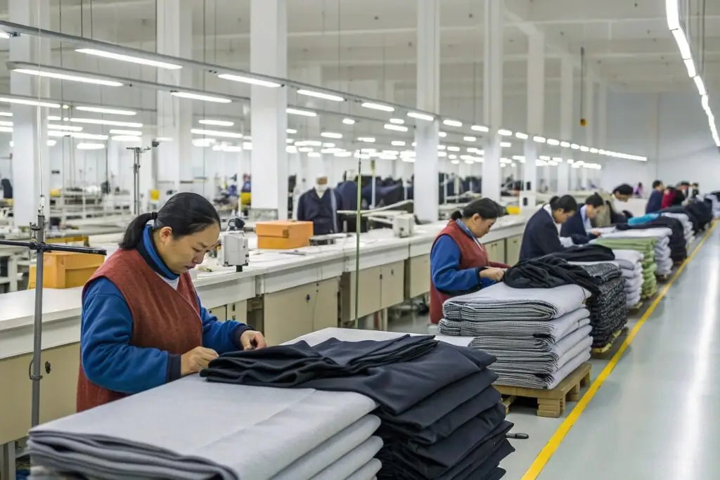 Workers organizing finished garments in a modern clothing factory