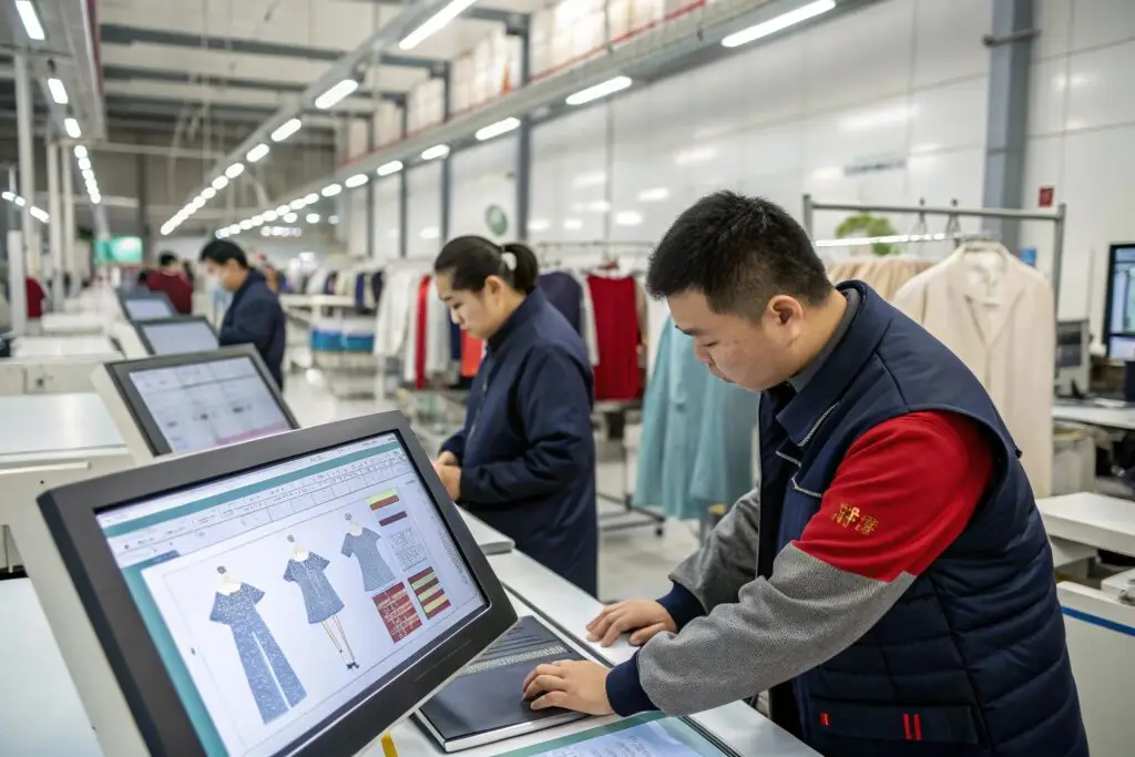 Workers designing clothes on computers in a modern clothing factory