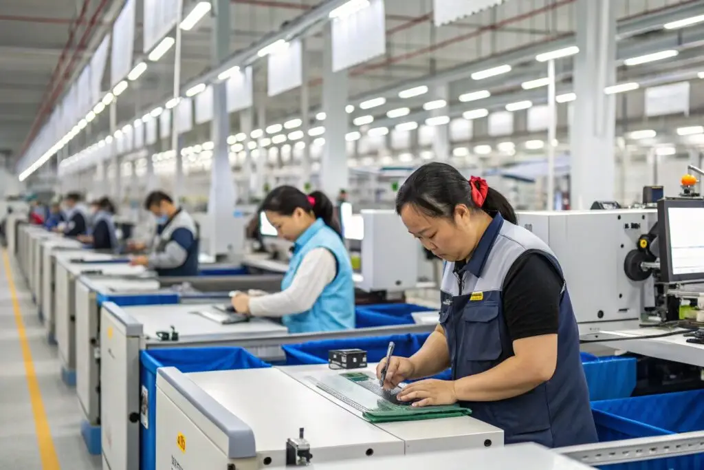 Workers in a modern clothing factory assembling garments