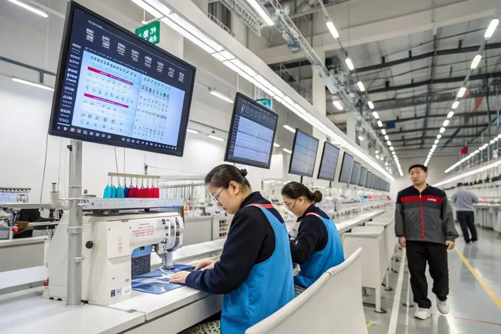A modern clothing factory with high-tech machinery and monitoring systems