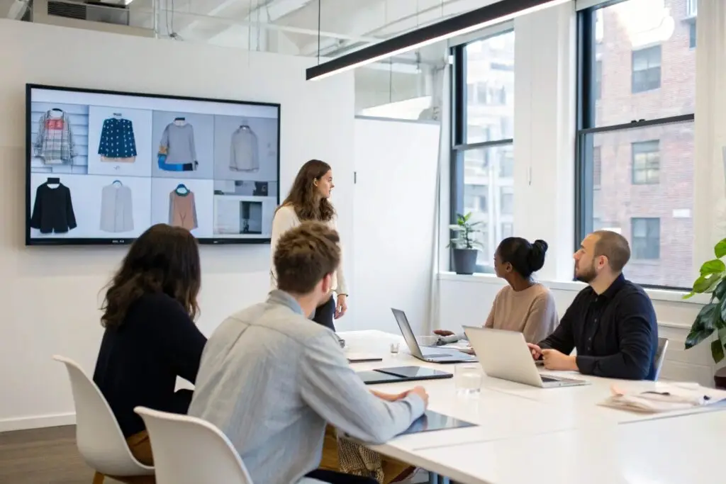Modern office with a group of people discussing garment designs
