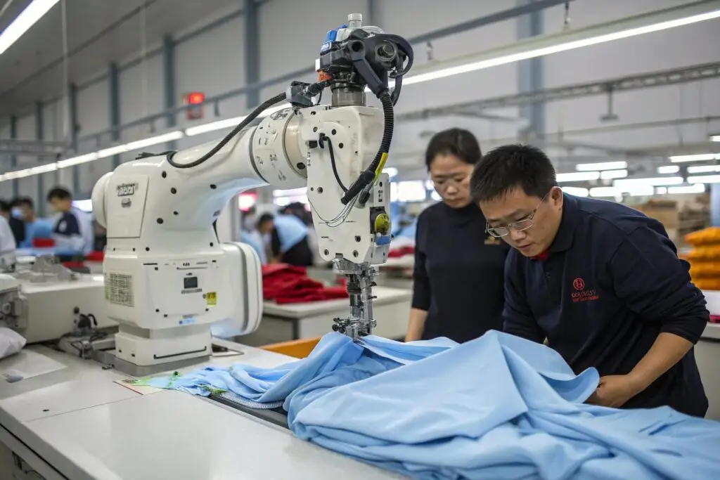 A robot sewing clothes in a modern factory