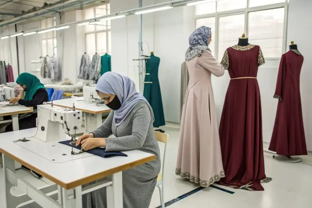Women working in a Turkish garment factory, sewing dresses
