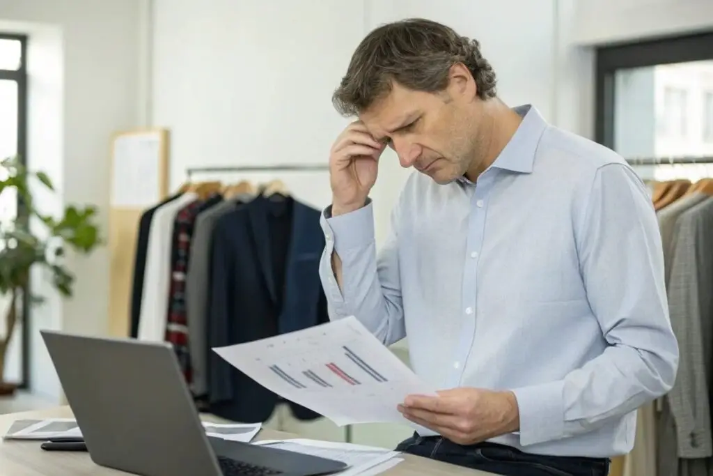 Apparel brand manager reviewing sales data in an office
