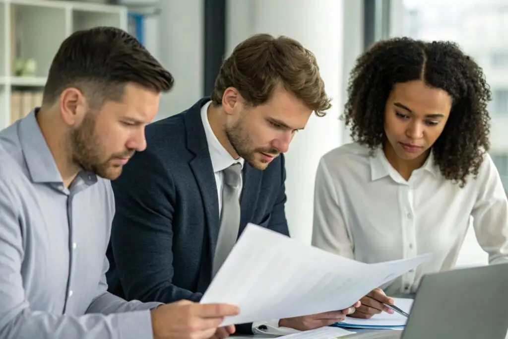 Business team reviewing documents in a modern office