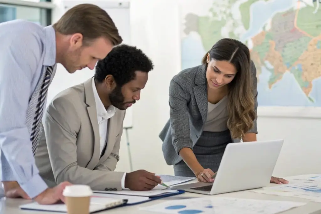 Apparel brand team reviewing sourcing strategies in a modern office