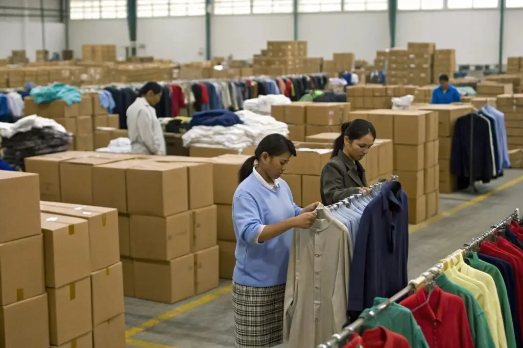 Workers sorting clothing in a large warehouse filled with boxes and racks