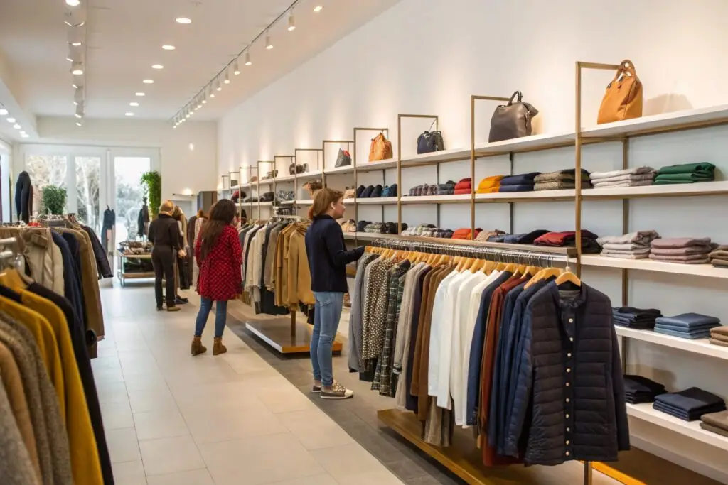 Customers shopping in a well-stocked clothing store
