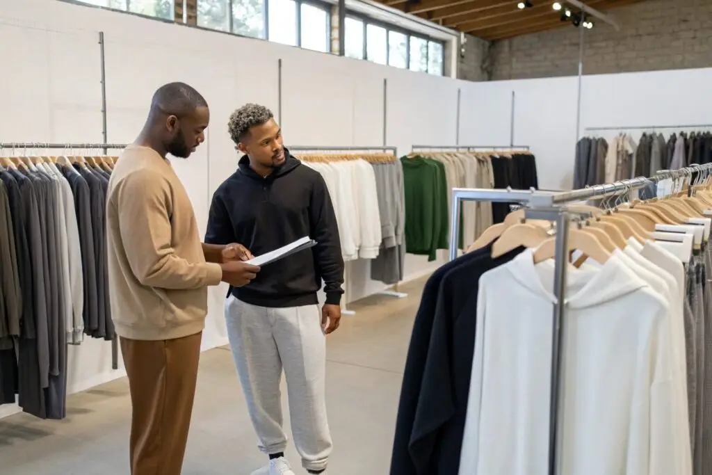 Western buyers discussing clothing items in a well-organized fashion store