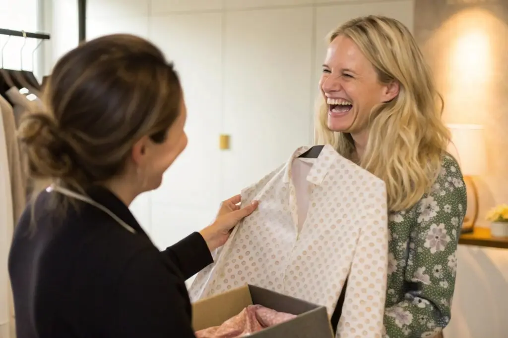 Western customer joyfully receiving a clothing sample