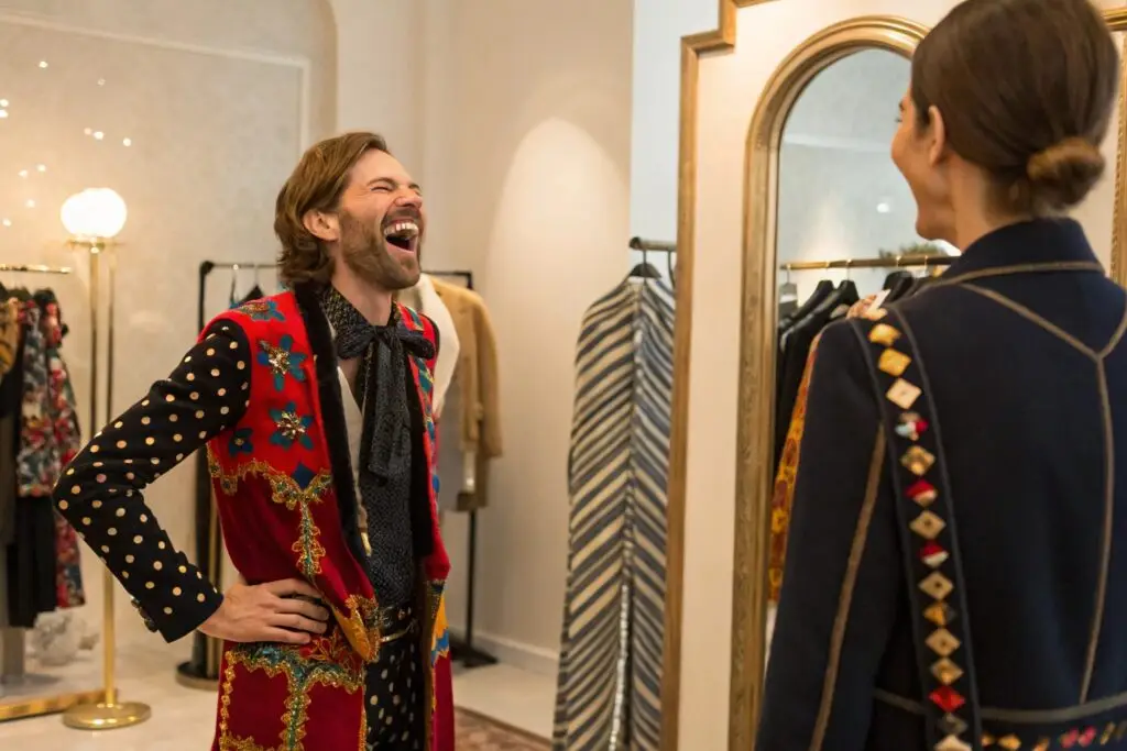 Western customer joyfully trying on clothing at a boutique